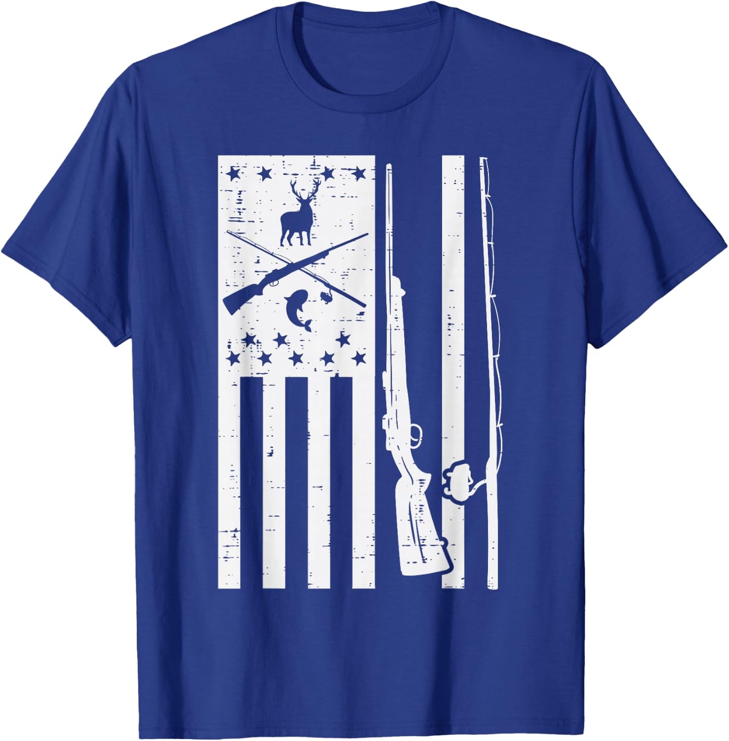 White US Flag Rifle Fishing Rod Fish Deer Hunting Patriotic T-Shirt - T-Shirt | Royal