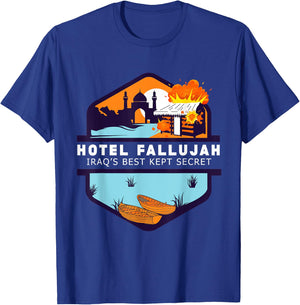 Hotel Fallujah Iraq's Best Kept Secret Funny Gulf War Vet T-Shirt - T-Shirt | Royal