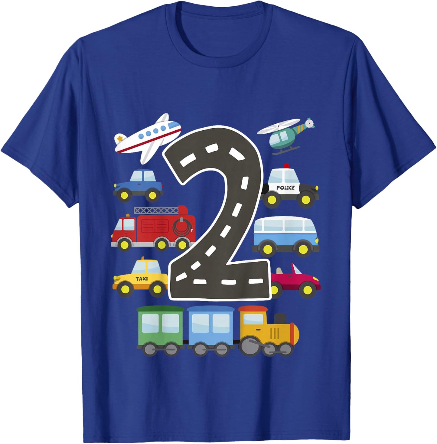 Kids 2 Year Old Transportation Birthday Car Train Plane 2nd Gift T-Shirt - T-Shirt | Royal