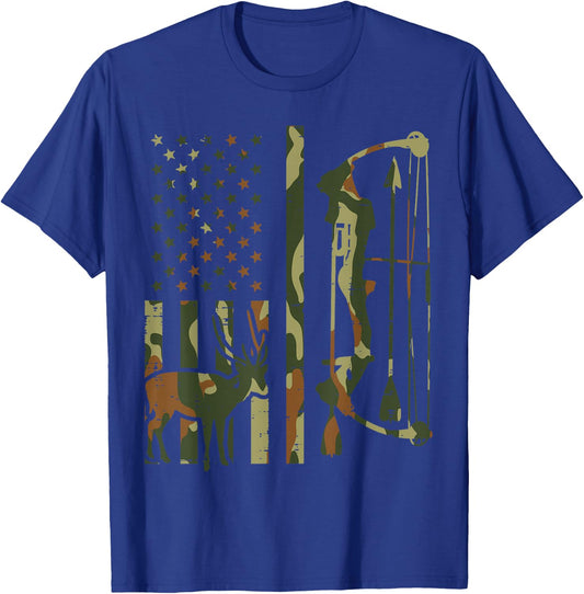 Camo Flag Deer Bow Hunting Patriotic Hunter Dad Archer T-Shirt - T-Shirt | Royal