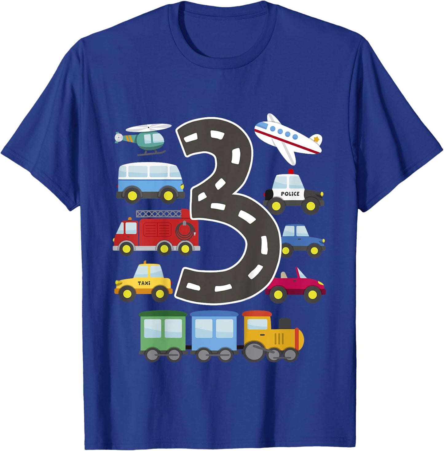 3 Year Old Transportation Birthday Car Train Plane 3rd Gift T-Shirt - T-Shirt | Royal