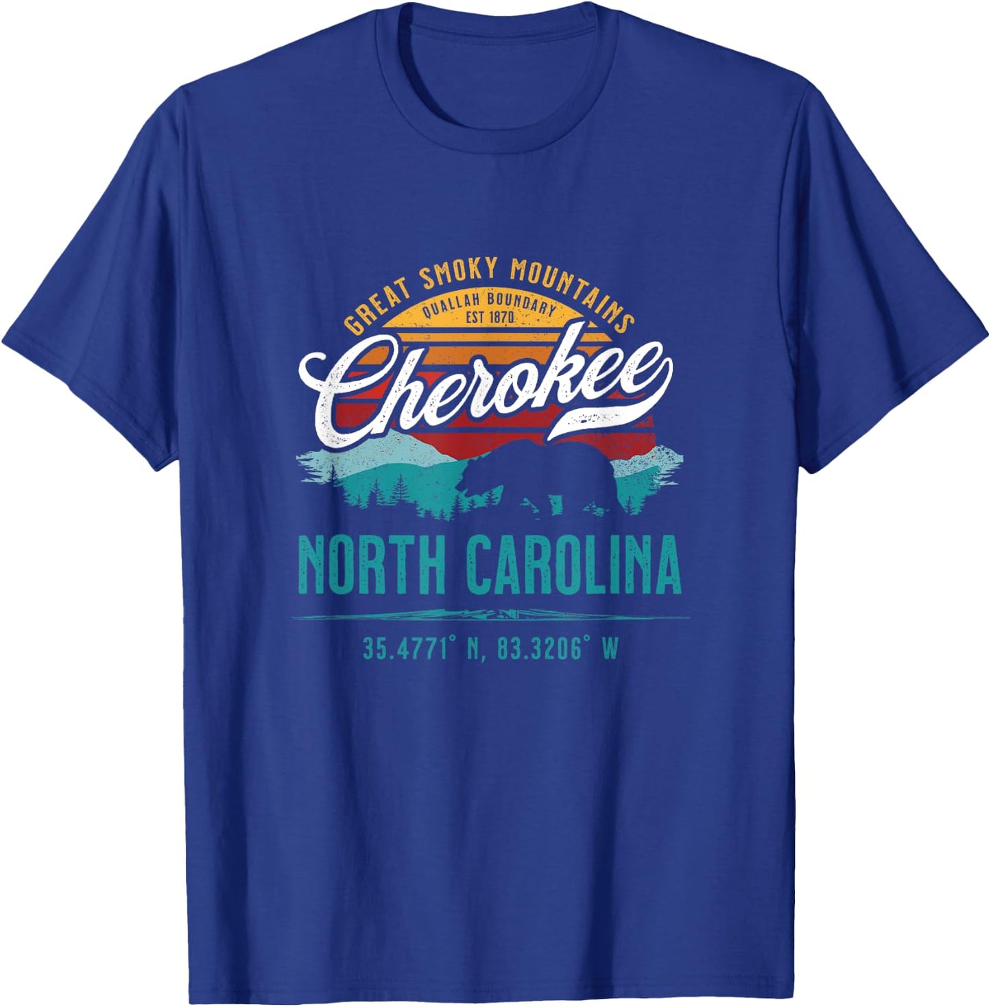 Cherokee North Carolina Retro Sunset Great Smoky Mountains T-Shirt - T-Shirt | Royal