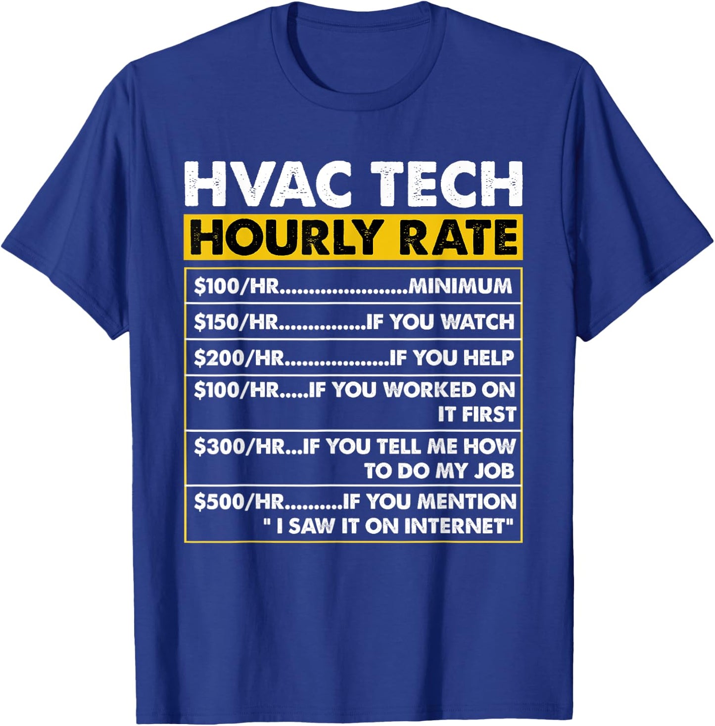 HVAC Tech Tools Funny Vintage HVAC Technician Hourly Rate T-Shirt - T-Shirt | Royal