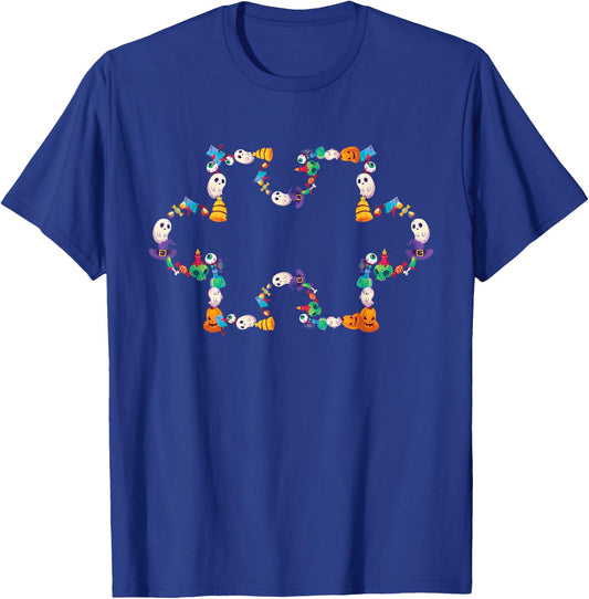 Halloween Autism Awareness Puzzle Pumpkin Ghost Broom Zombie T-Shirt - T-Shirt | Royal