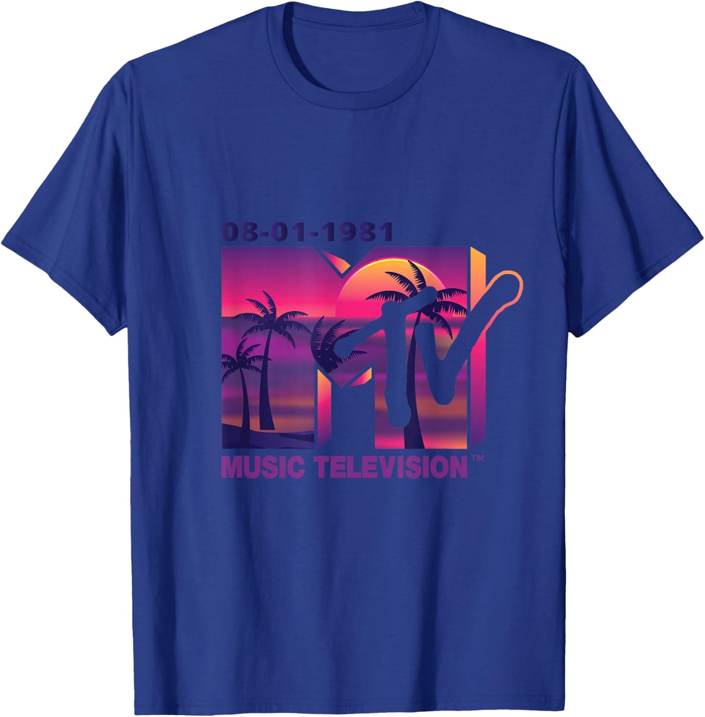 Mademark x MTV - The official 1981 MTV Logo with purple Palms in the Sunset T-Shirt - T-Shirt | Royal