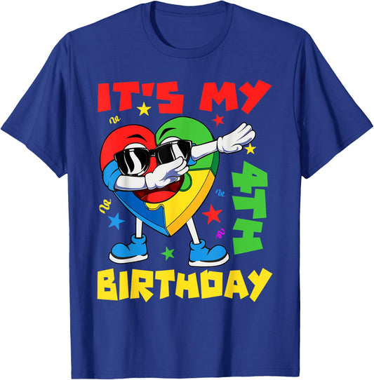 It's My 4th Birthday Dabbing Puzzle Pieces Autism Awareness T-Shirt - T-Shirt | Royal
