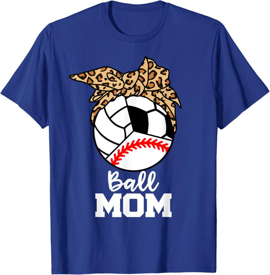 Ball Mom Funny Baseball Volleyball Soccer Leopard Mom T-Shirt - T-Shirt | Royal
