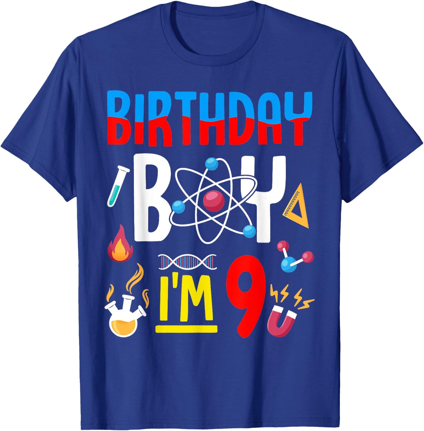 9th Birthday Boy Girls Science Theme 9 Year Old Funny B-Day T-Shirt - T-Shirt | Royal