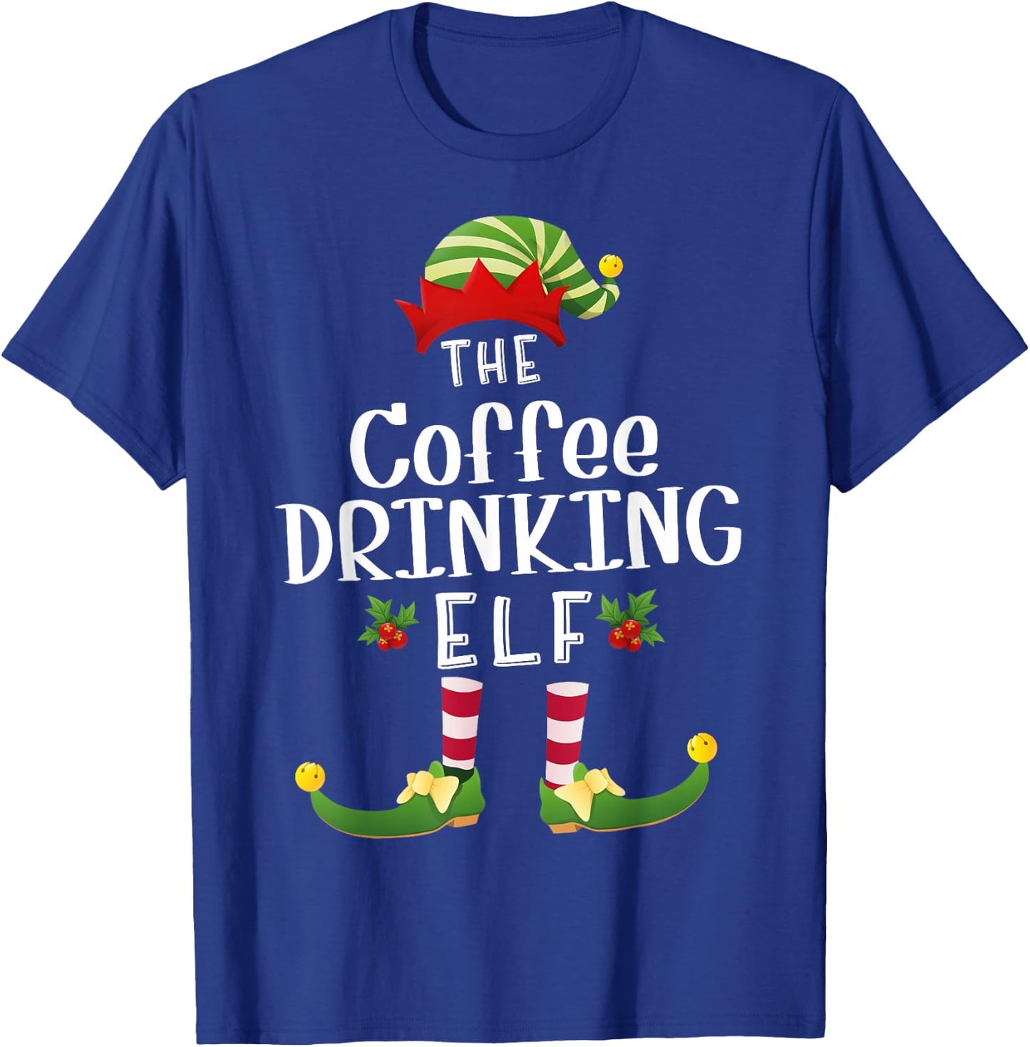 Coffee Drinking Christmas Elf Matching Pajama X-Mas Party T-Shirt - T-Shirt | Royal