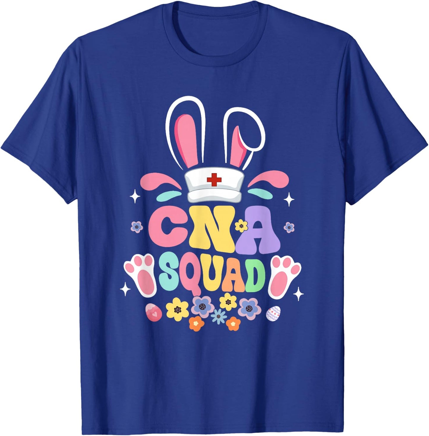 Retro Groovy CNA Squad Bunny Ear Flower Easter T-Shirt - T-Shirt | Royal