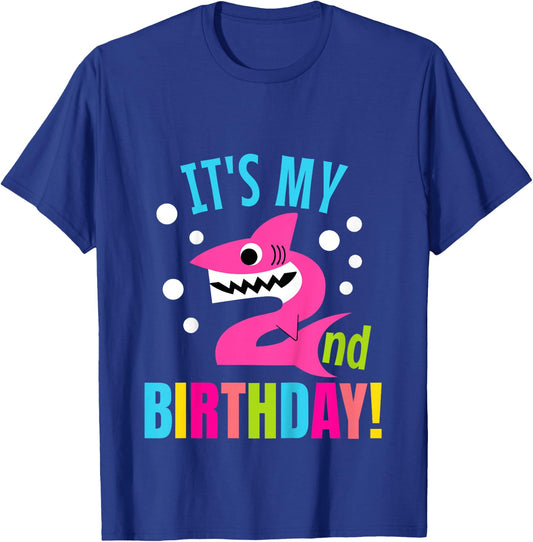 Kids 2 Year Old 2nd Shark Party Birthday Baby Gift Girls And Boys T-Shirt - T-Shirt | Royal