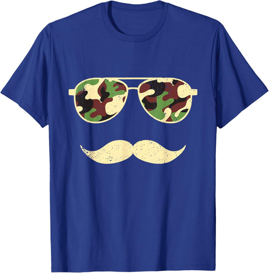 Camo Sunglasses Mustache Funny Retro Camo Veterans Day T-Shirt - T-Shirt | Royal