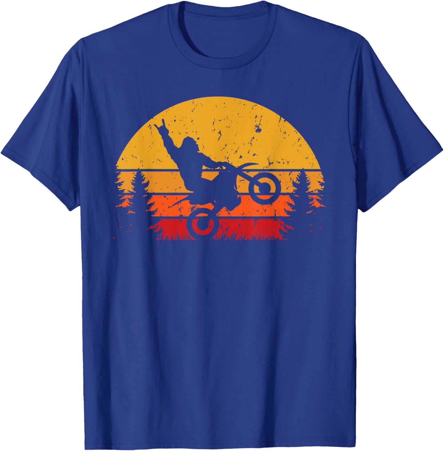 Funny Bigfoot Sasquatch Retro Sunset Riding Dirt Bike T-Shirt - T-Shirt | Royal