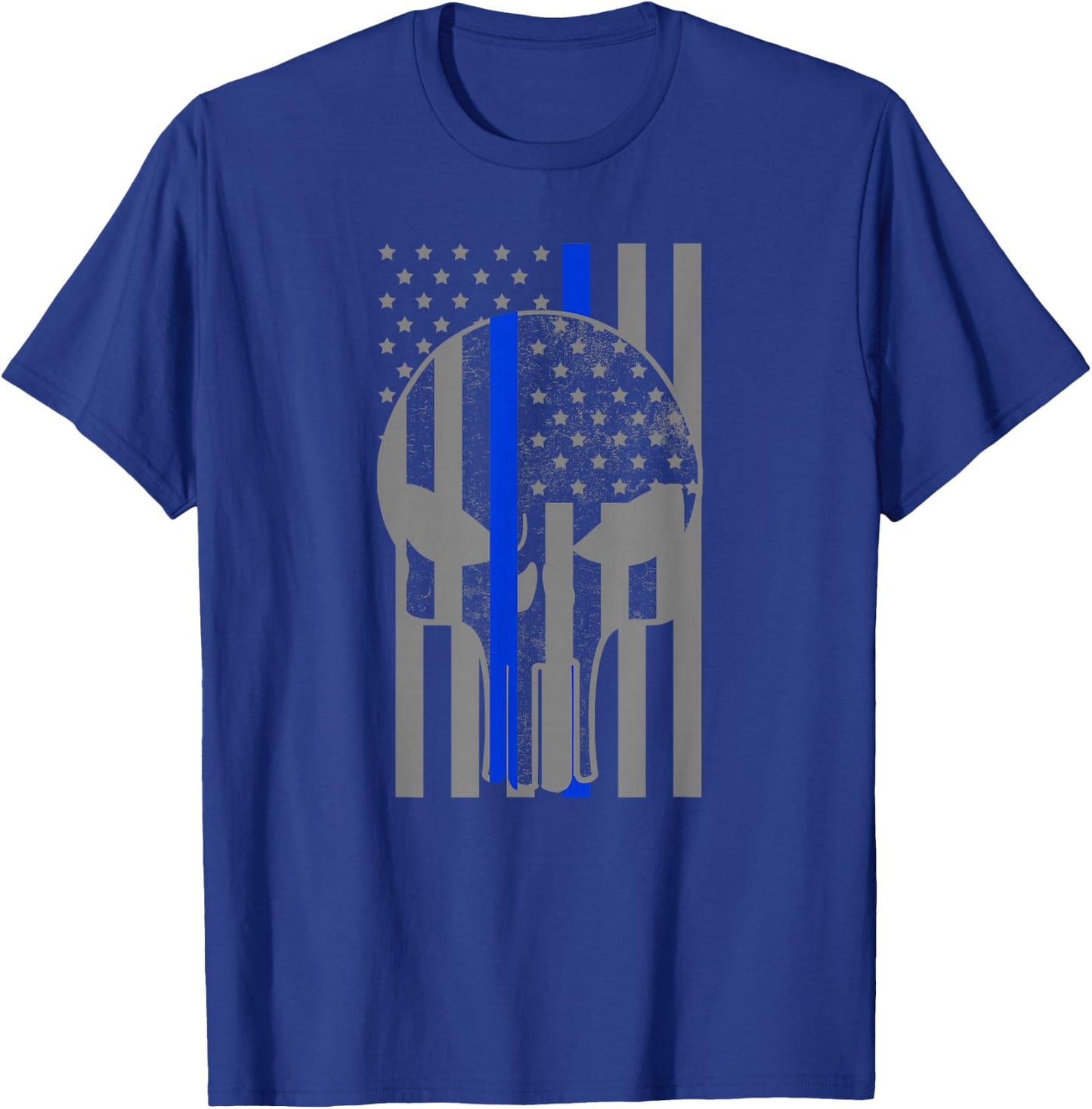 Grey American Flag Skull Thin Blue Line Police Officer Gift T-Shirt - T-Shirt | Royal