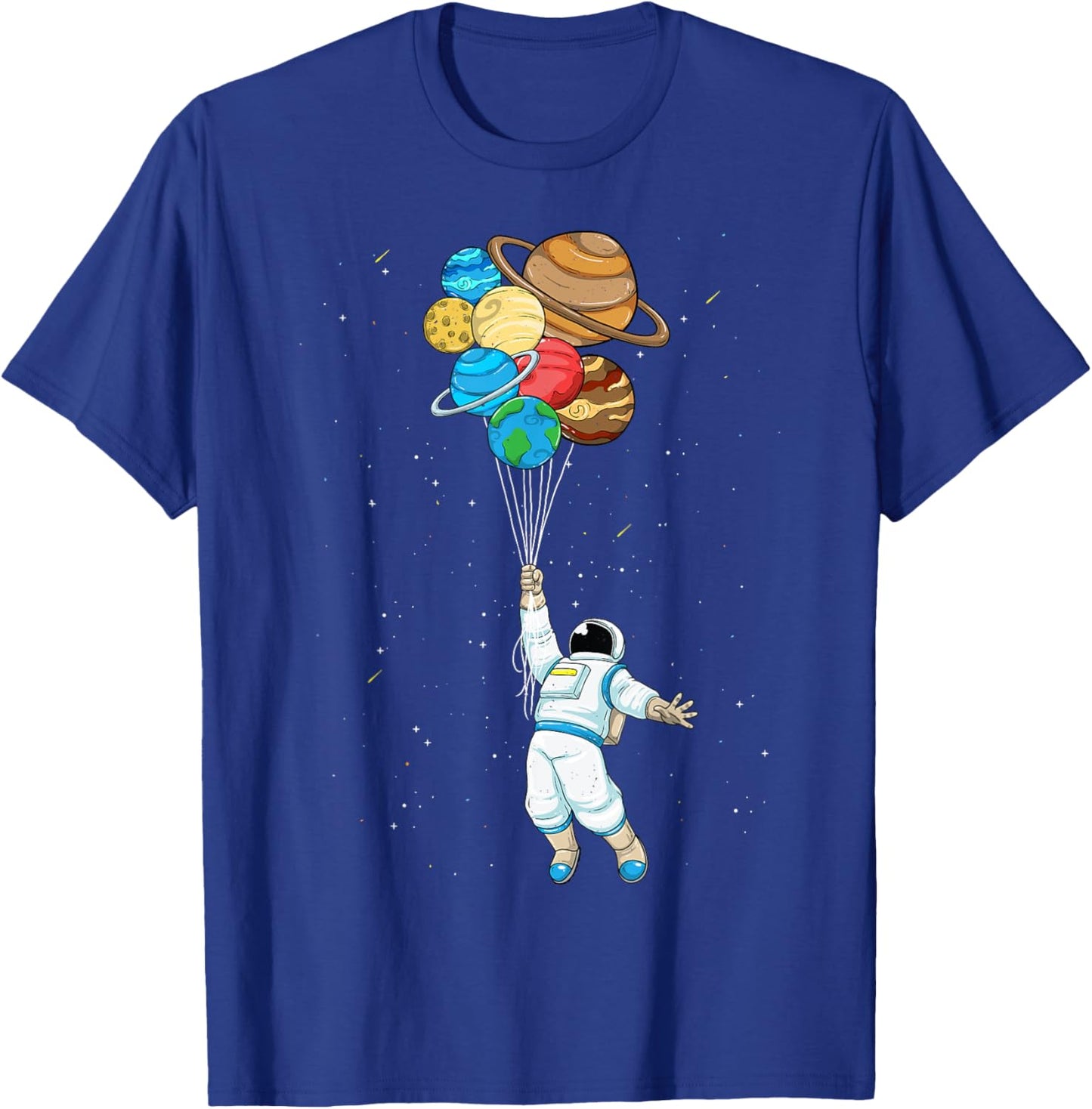 Space Shirt Astronaut Holding Planet Balloons Solar System T-Shirt - T-Shirt | Royal