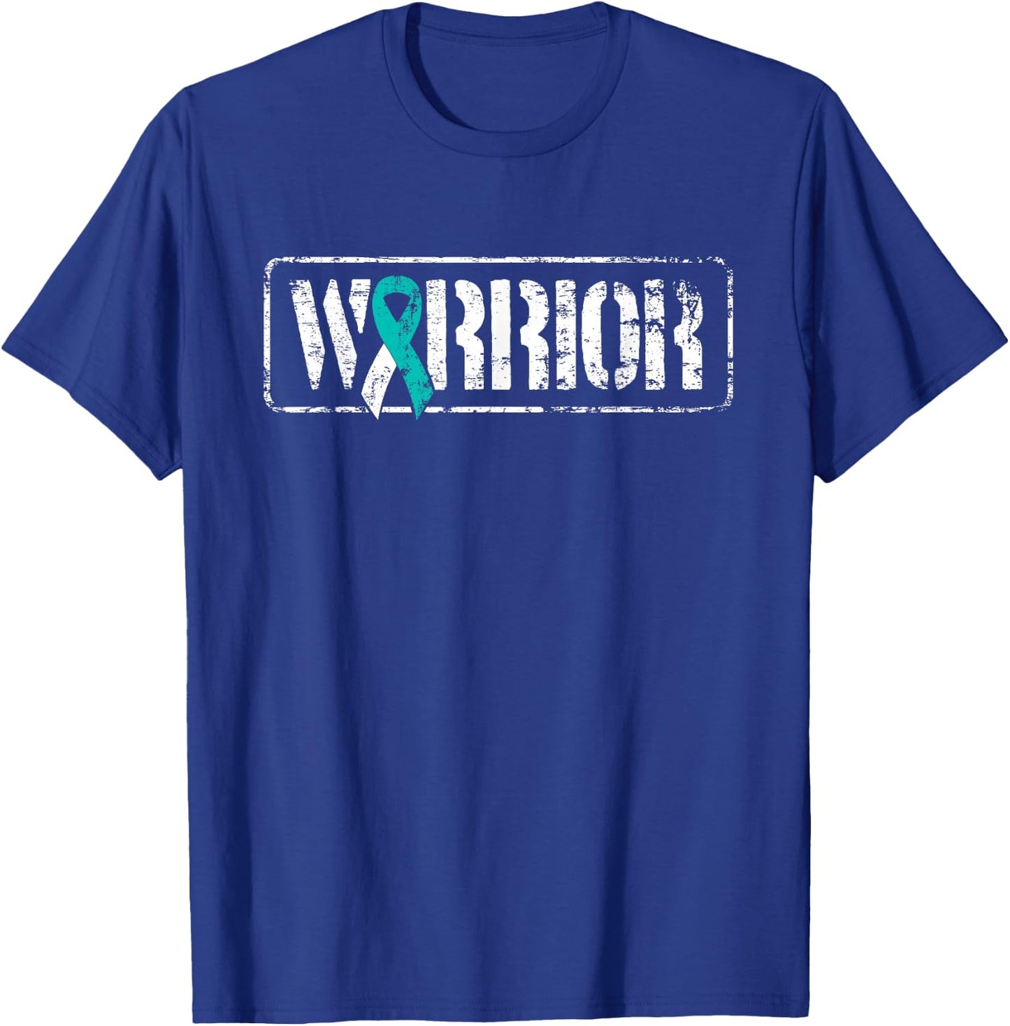 Cervical Cancer Warrior - Teal White Military-Style Ribbon T-Shirt - T-Shirt | Royal