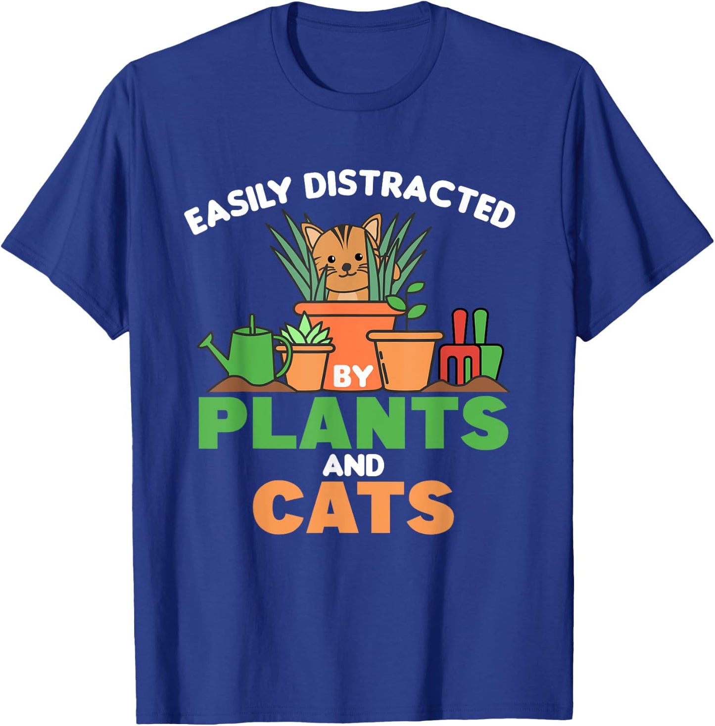 Easily Distracted By Plants And Cats Cute Cat With Flowers Men Women Kids T-Shirt - T-Shirt | Royal