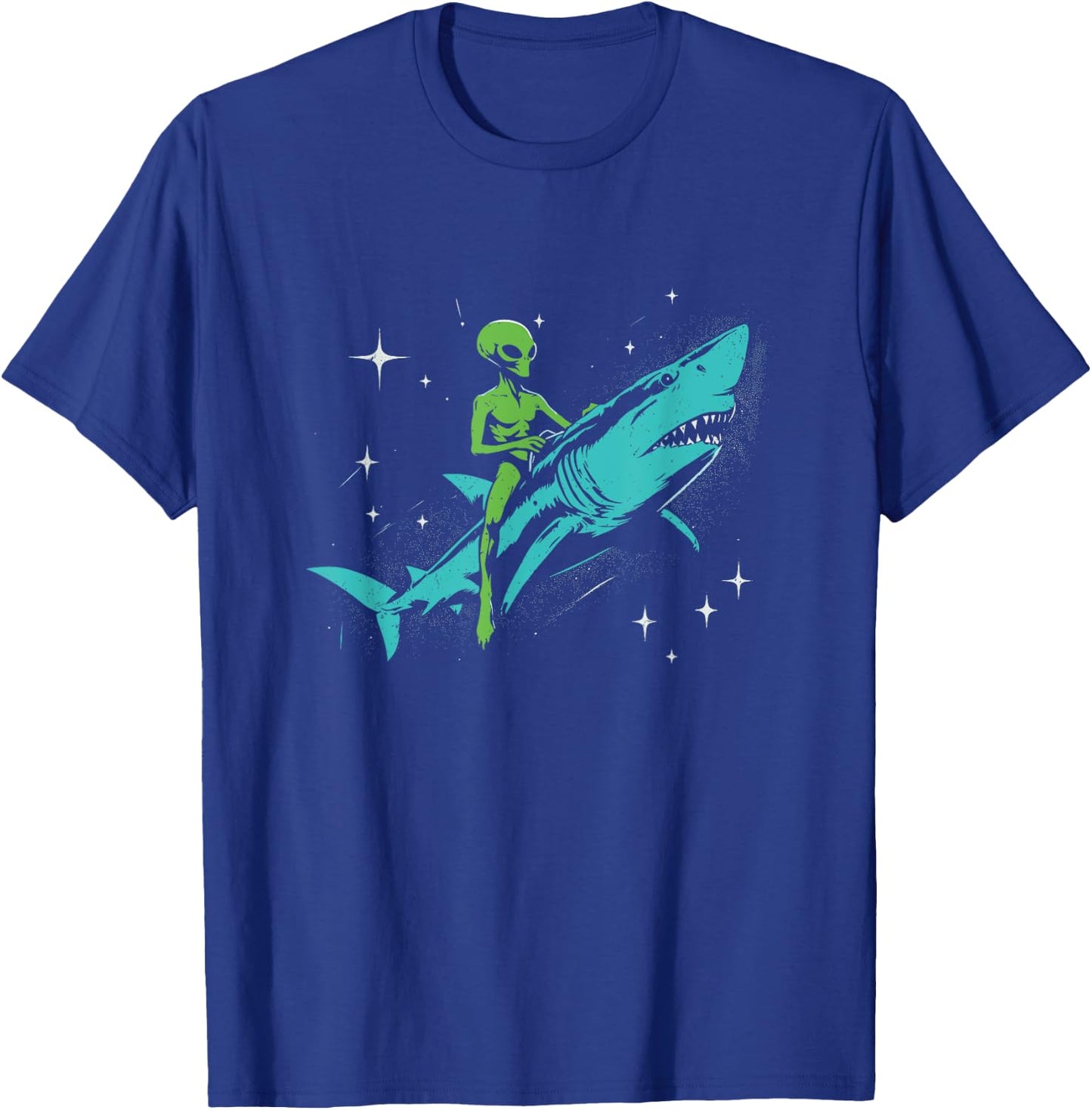 Alien Riding A Shark - Funny Graphic Alien UFO Space Lover T-Shirt - T-Shirt | Royal