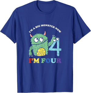 Happy 4th Bday Four 4 Years Old Kids Monster Birthday Party T-Shirt - T-Shirt | Royal