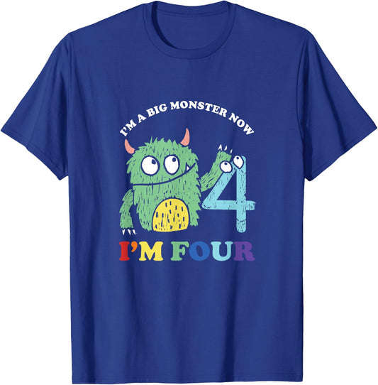Happy 4th Bday Four 4 Years Old Kids Monster Birthday Party T-Shirt - T-Shirt | Royal
