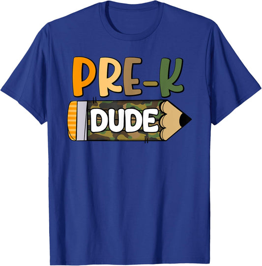 Pre-K Dude Boys Camouflage Camo Pencil 1st Day of School T-Shirt - T-Shirt | Royal