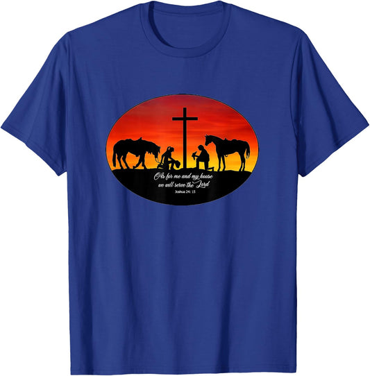 2 Cowhands praying at the Cross sunset. Christian Cowboy T-Shirt - T-Shirt | Royal