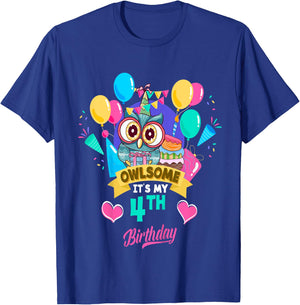 Four Year Old Birthday Owlsome It's My 4th Birthday Owl T-Shirt - T-Shirt | Royal