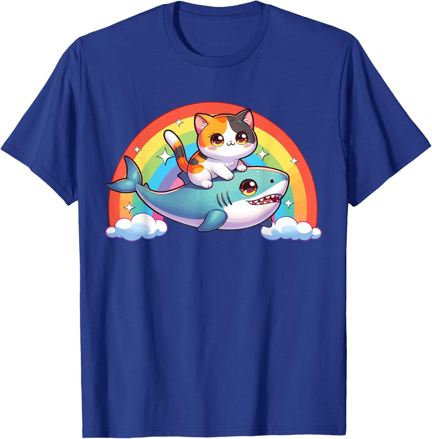 Cat Riding Shark, Kawaii Magical Calico Cat, Cat On Shark T-Shirt - T-Shirt | Royal