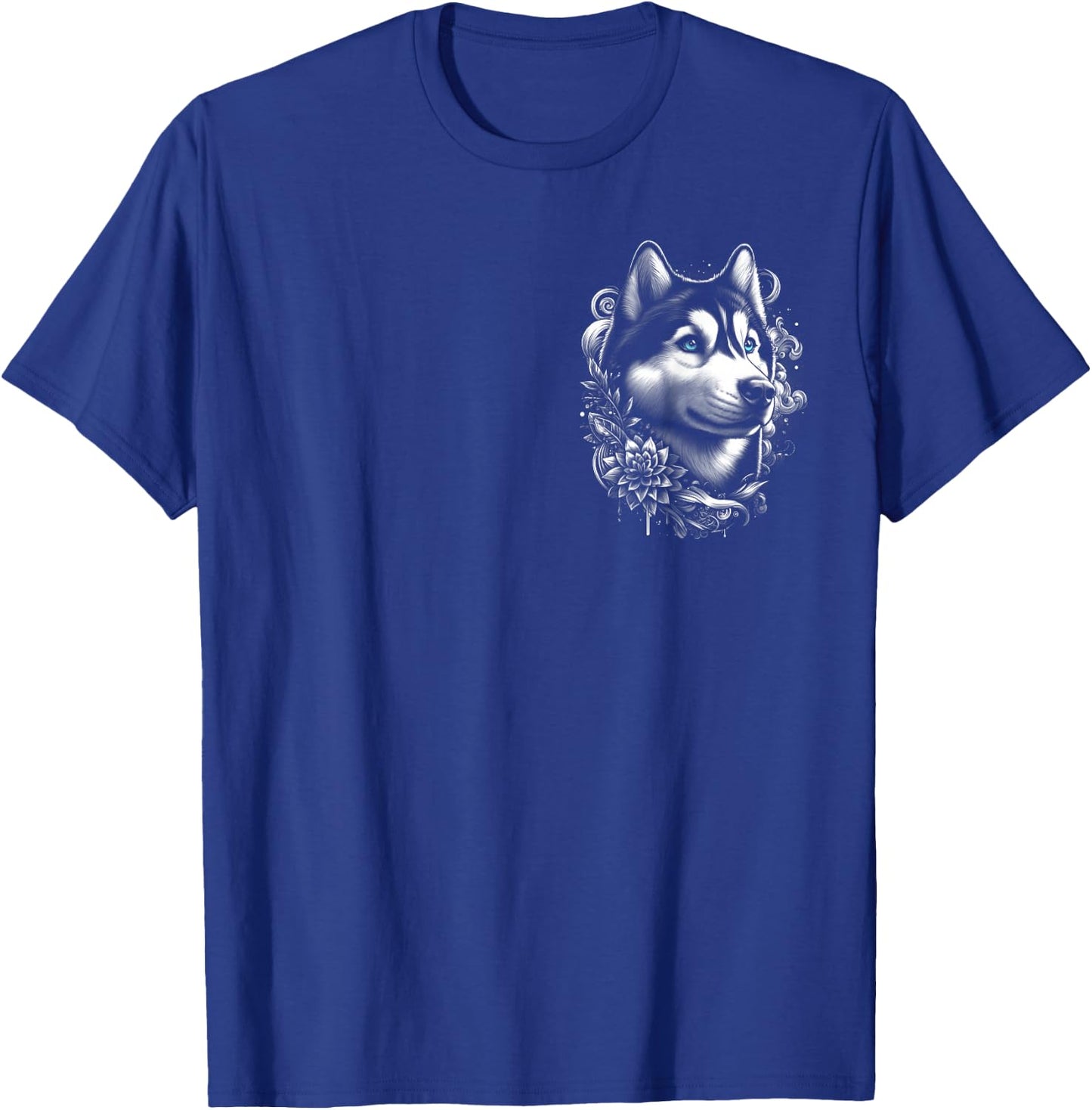 MyAnimal - Your Favourite Animal Wear Cool Husky with Blue Eyes and Flowers Decoration on Chest , Small T-Shirt - T-Shirt | Royal