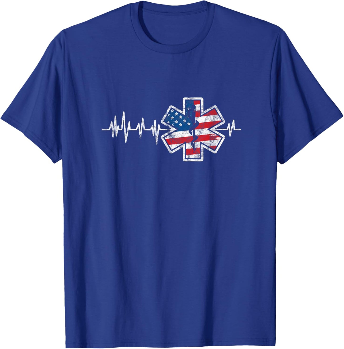 EMS Emergency Medical Service USA Flag Heartbeat 4th of July T-Shirt - T-Shirt | Royal