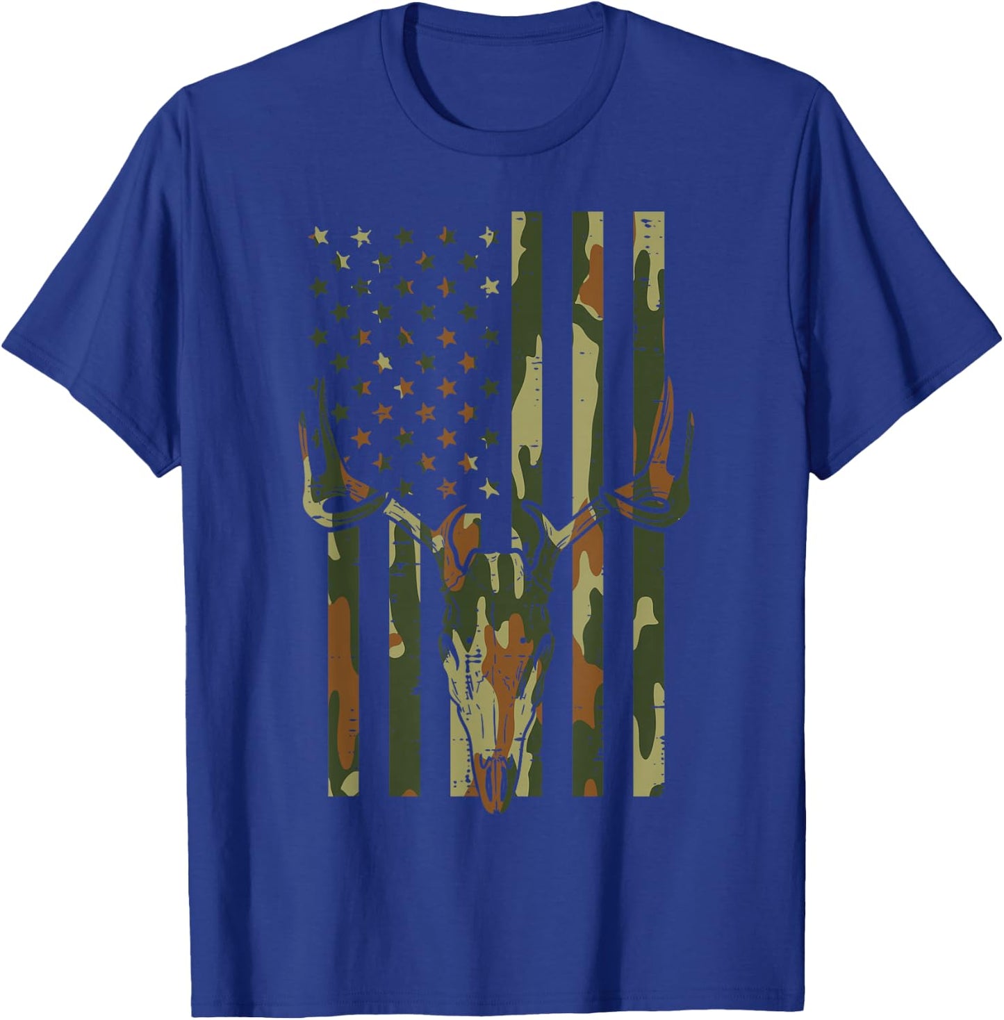 Camo US Flag Deer Skull Vintage Hunting Patriotic Hunt Dad T-Shirt - T-Shirt | Royal