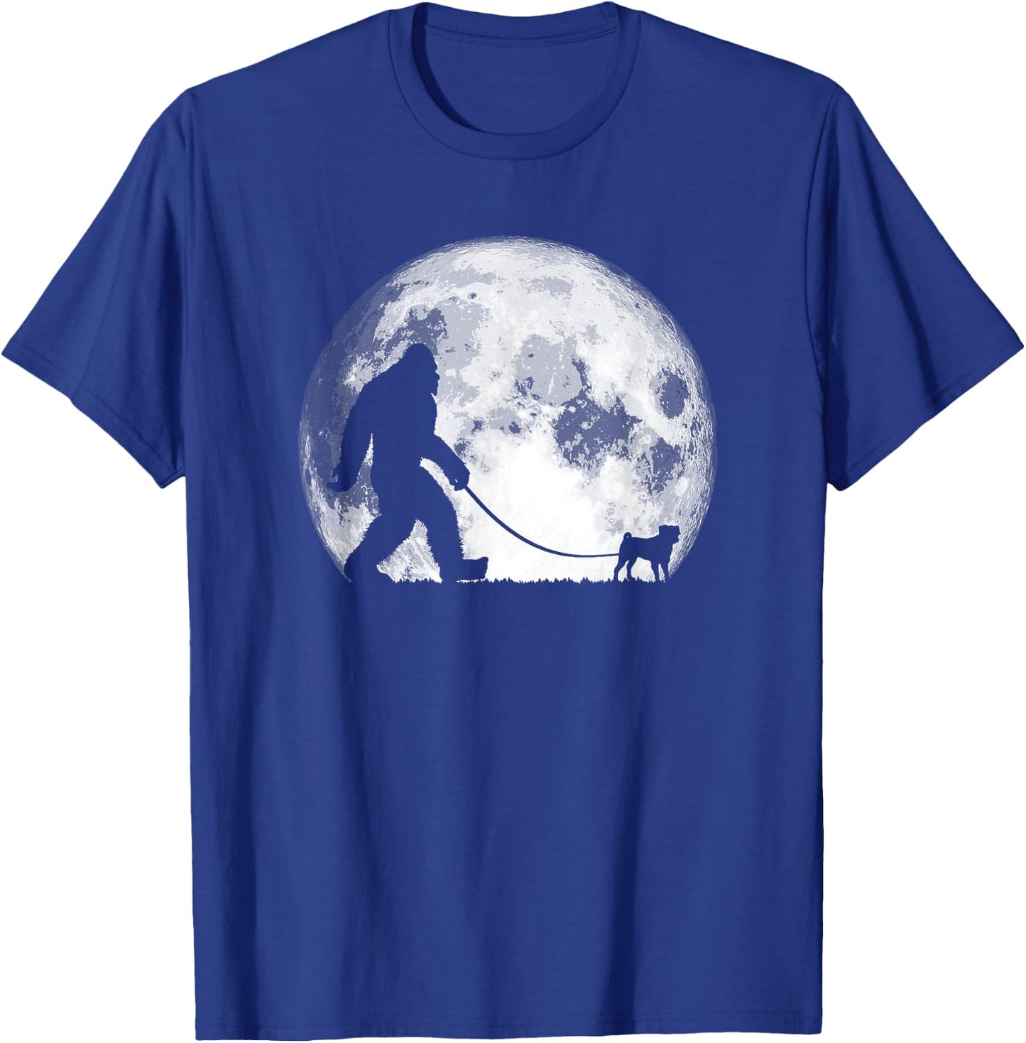 Bigfoot & Pug Funny Night Time Dog Walking Graphic T-Shirt - T-Shirt | Royal