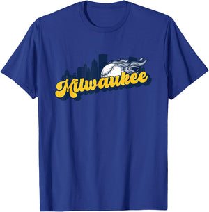Milwaukee Baseball Vintage City Skyline Retro Baseball Lover T-Shirt - T-Shirt | Royal