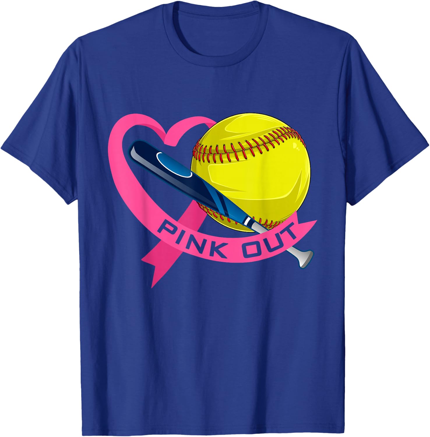 Pink Out Breast Cancer Pink Ribbon Heart With Softball Ball T-Shirt - T-Shirt | Royal