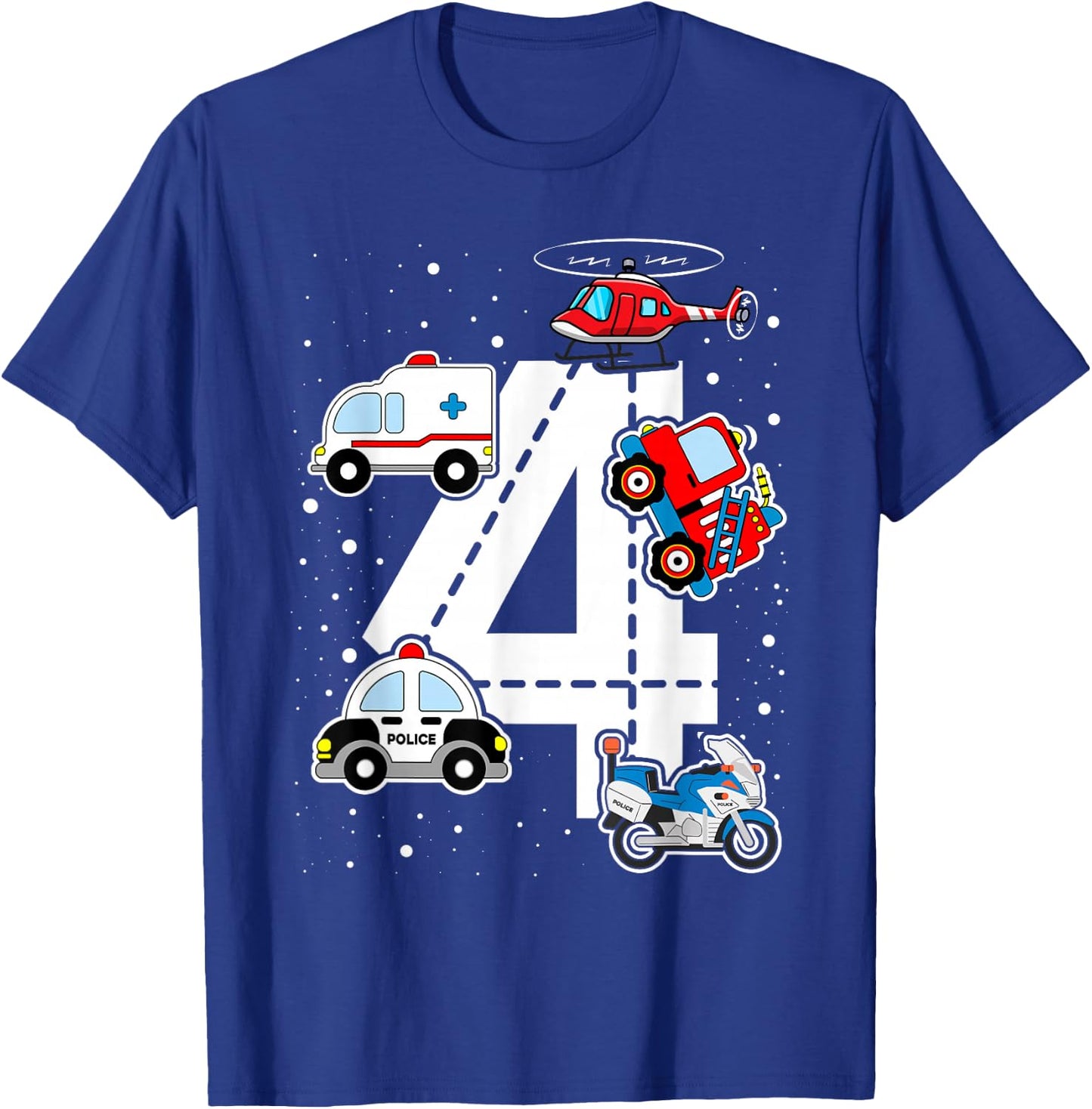 Emergency Vehicles 4th Birthday Fire Truck Police Car Boys T-Shirt - T-Shirt | Royal