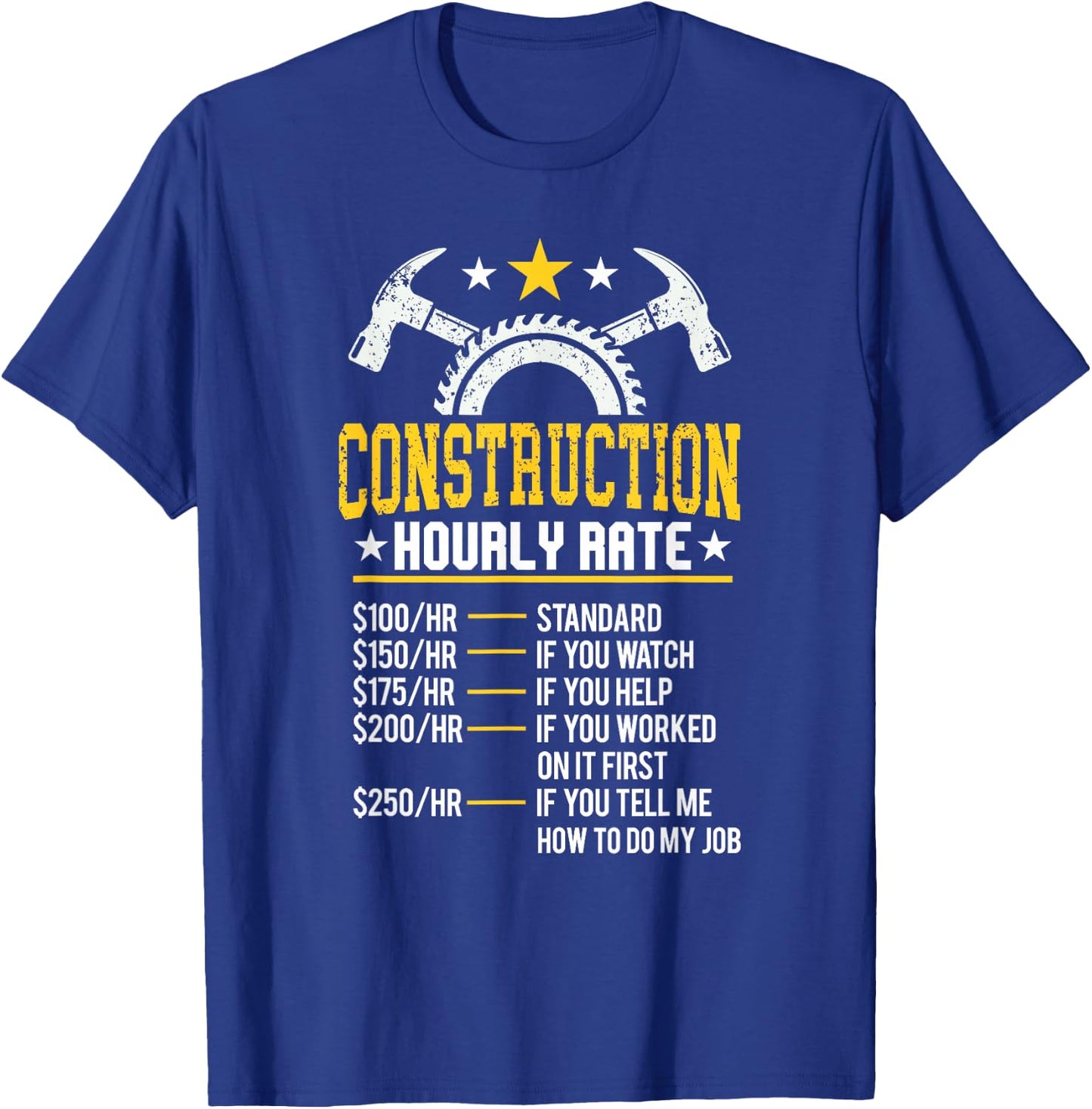 Bau Gift Co. Funny Construction Hourly Rate Contractor - Men's Black Small Classic Fit Short Sleeve T-Shirt - T-Shirt | Royal
