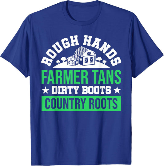 Rough Hands Farmer Tans Dirty Boots Country Roots USA Flag T-Shirt - T-Shirt | Royal