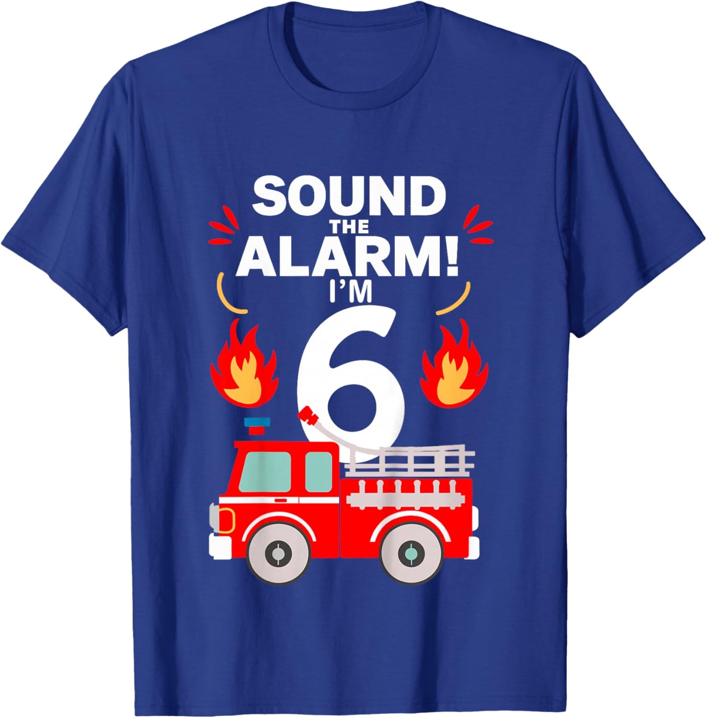 Kids 6th Birthday Fire Truck 6 Year Old Birthday Boy Firefighter T-Shirt - T-Shirt | Royal