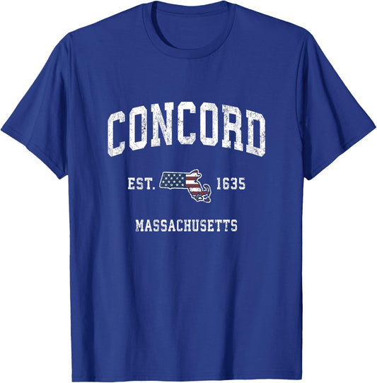 Concord Massachusetts MA Vintage American Flag Sports Design T-Shirt - T-Shirt | Royal