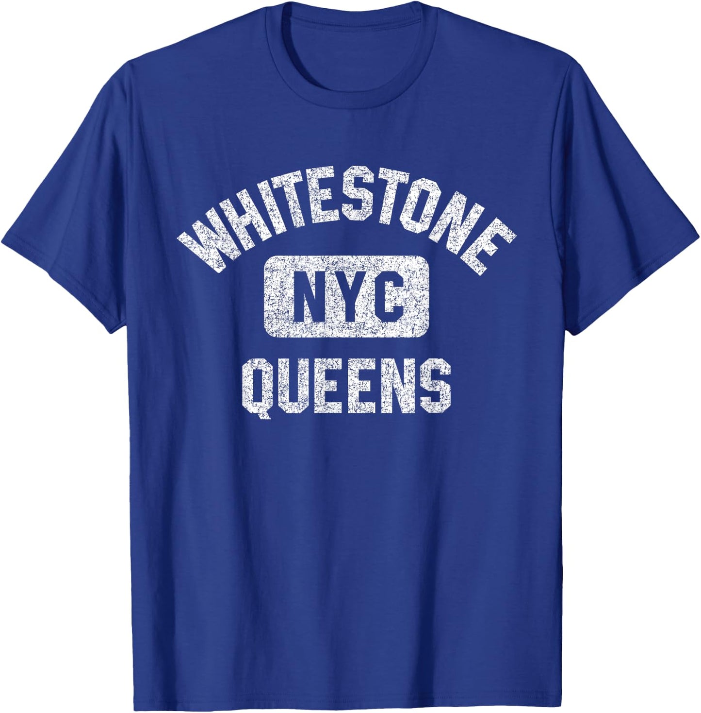 Whitestone Queens NYC Gym Style Distressed White Print T-Shirt - T-Shirt | Royal