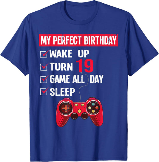 19 Years Old Gamer 19th Birthday Boy My Perfect Party Gift T-Shirt - T-Shirt | Royal