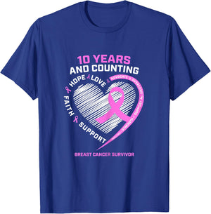 10 Year Breast Cancer Survivor Gifts Warrior Fight Awareness T-Shirt - T-Shirt | Royal