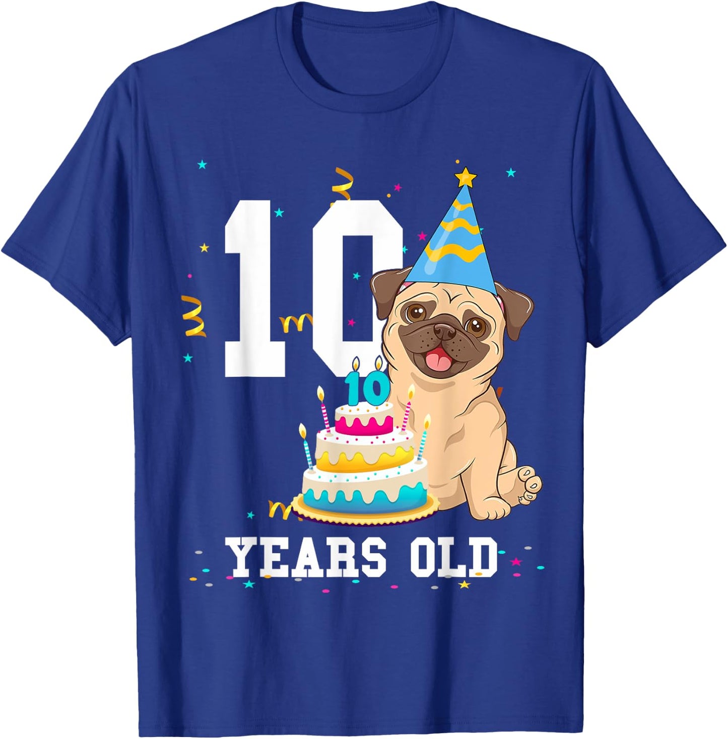 10 Years Old Birthday Pug Dog Lover Party Kids Boys Girls T-Shirt - T-Shirt | Royal
