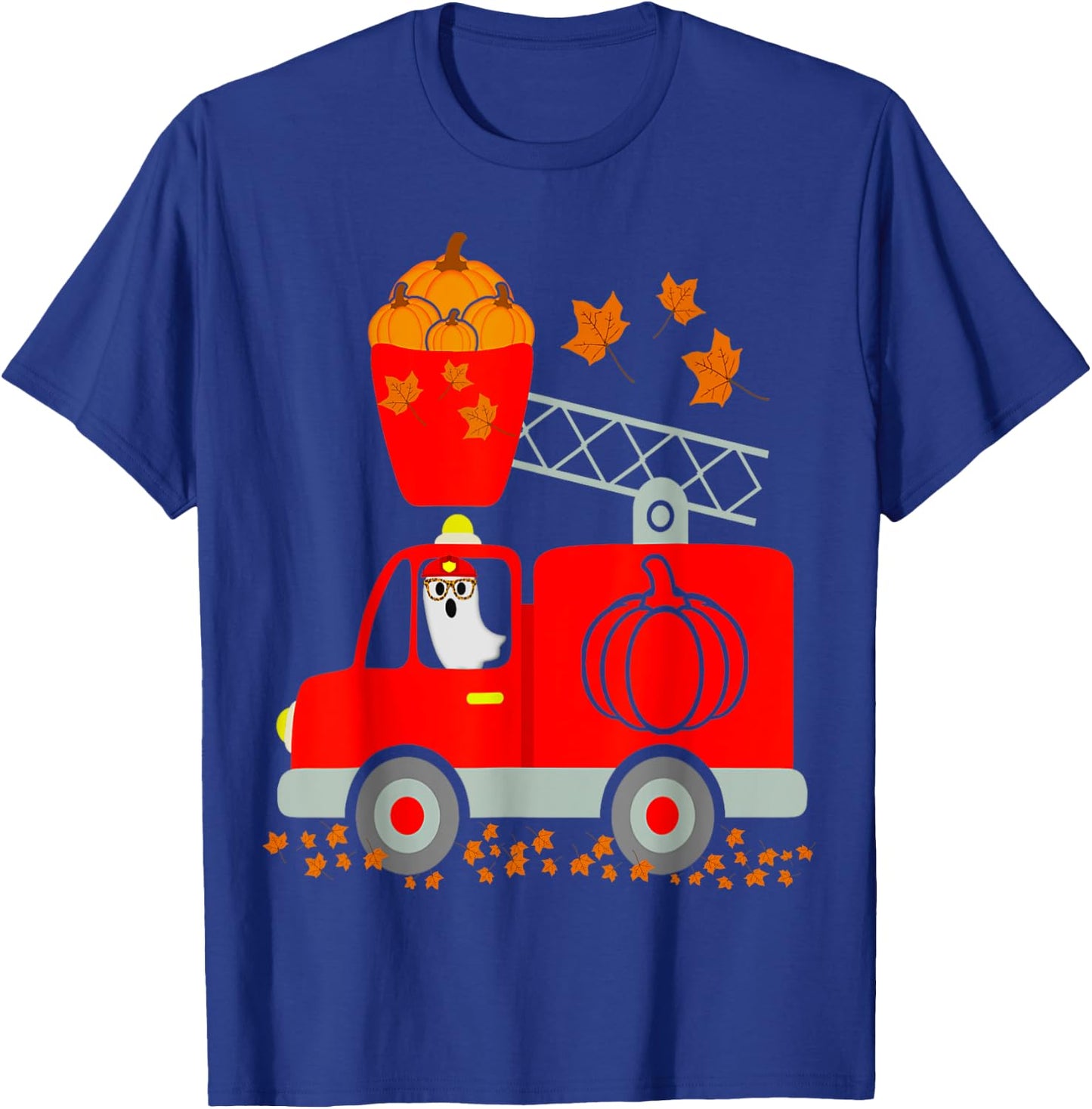 Funny Ghost Pumpkin Fire Truck Halloween For Son Kids Adult T-Shirt - T-Shirt | Royal