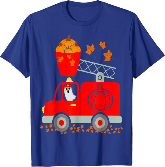 Funny Ghost Pumpkin Fire Truck Halloween For Son Kids Adult T-Shirt - T-Shirt | Royal
