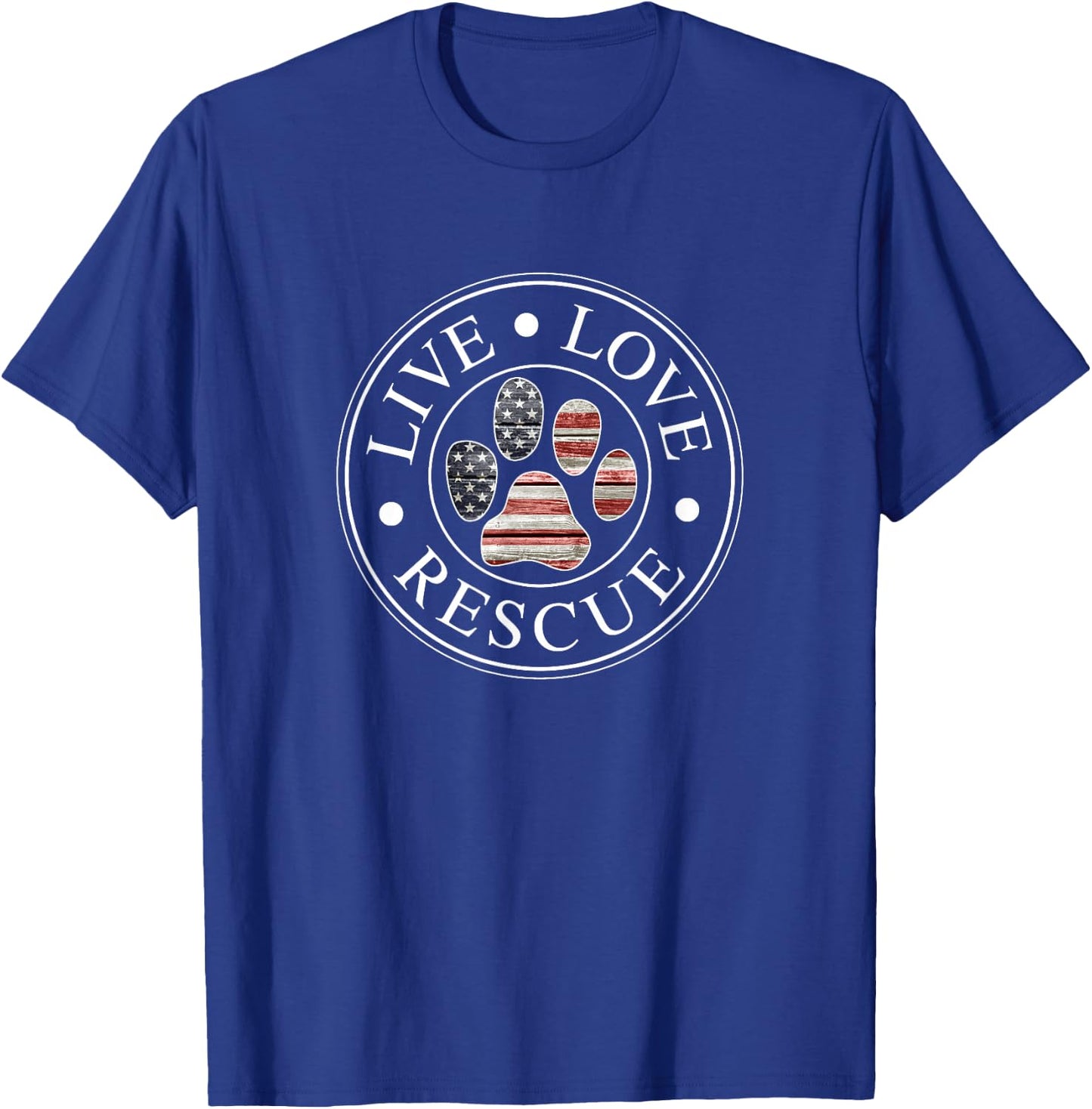 Live Love Rescue Patriotic American Flag Dog Paw Emblem T-Shirt - T-Shirt | Royal