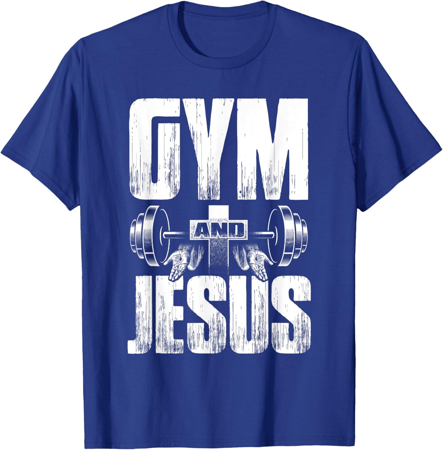 Fitness Fanatic By Pemissa Religious Workout Gym Jesus Barbell Lifting Weights Black Modern Letter Print T-Shirt - T-Shirt | Royal