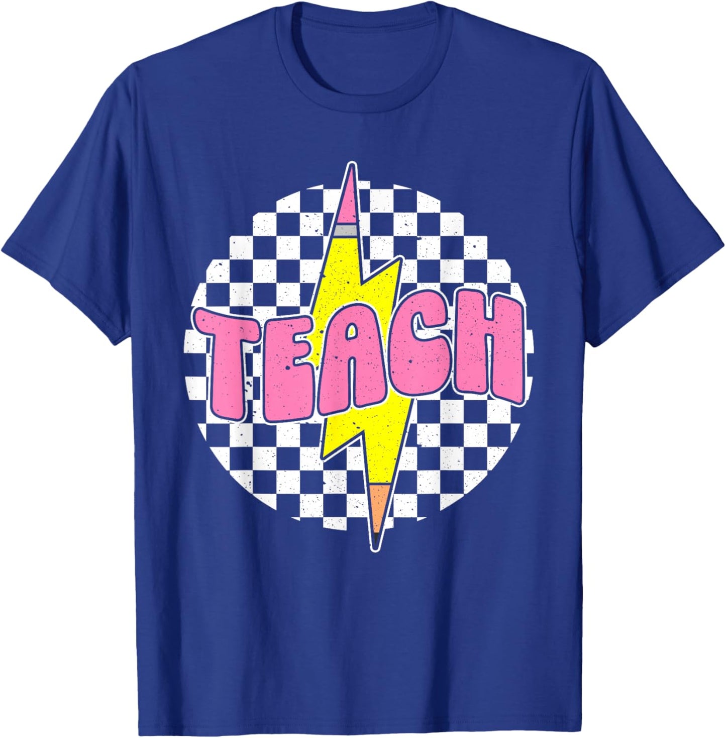 Checkered Teach Pencil Lightning Bolt Back To School T-Shirt - T-Shirt | Royal
