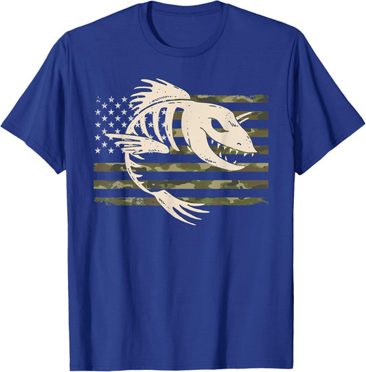 Fish Bones Skeleton Camo US American Flag Camouflage Fishing Men T-Shirt - T-Shirt | Royal