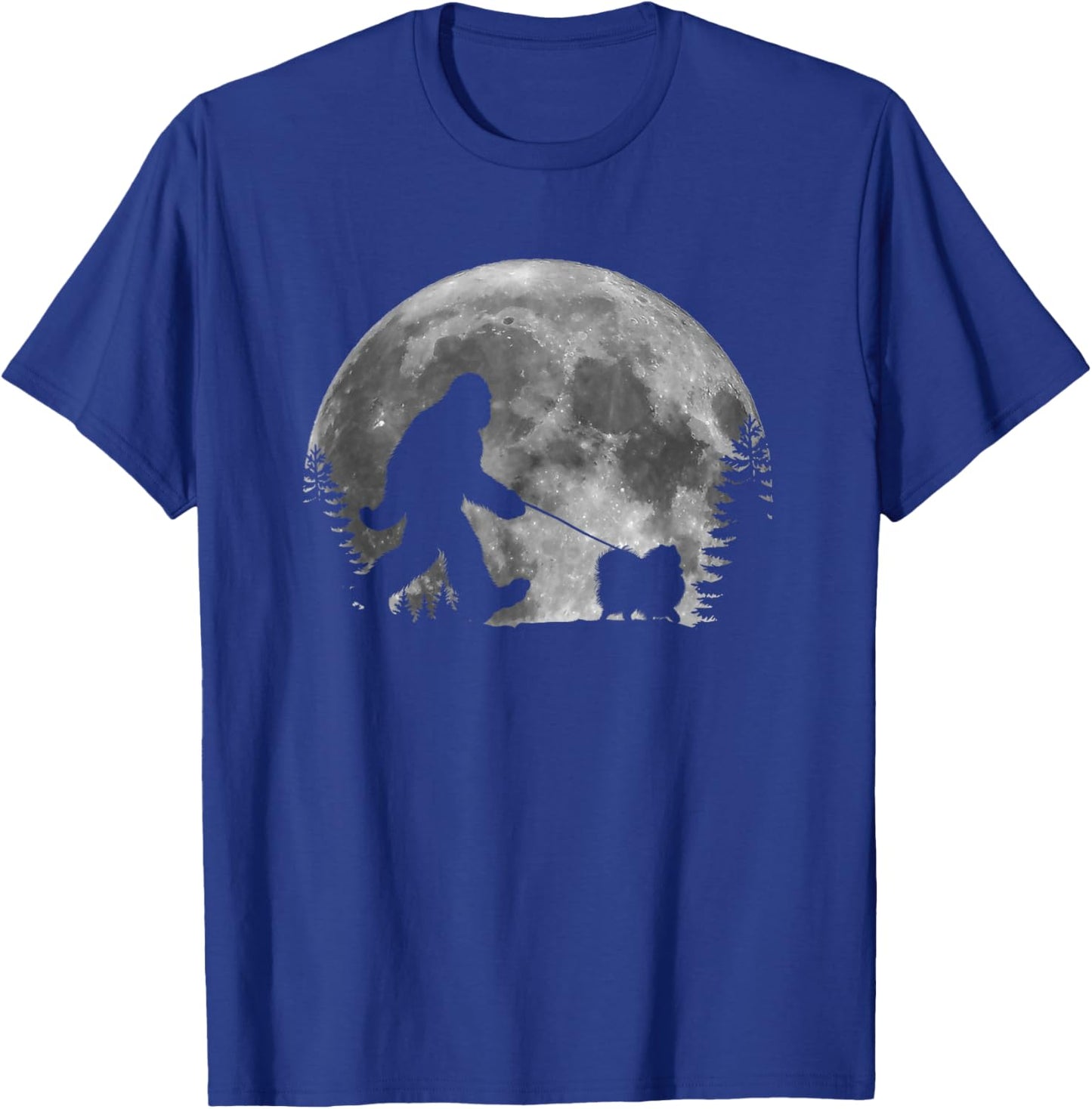 Bigfoot Walking a Dog Funny Pomeranian Lovers Moon Halloween Women Kids T-Shirt - T-Shirt | Royal